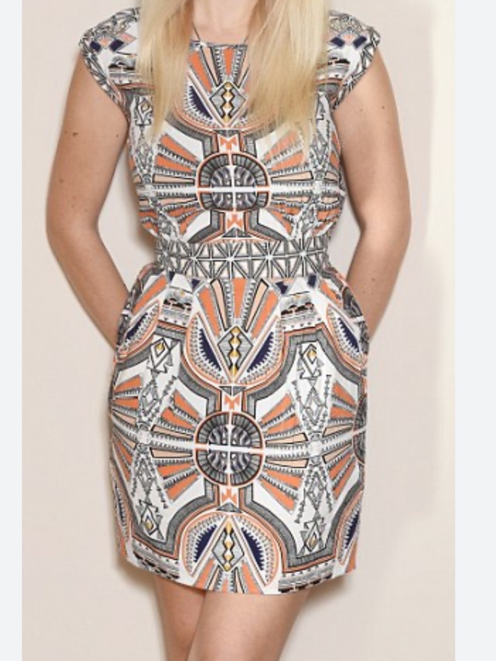 Warehouse Sleeveless Mini Dress in Orange, White & Navy Geometric Print size 8